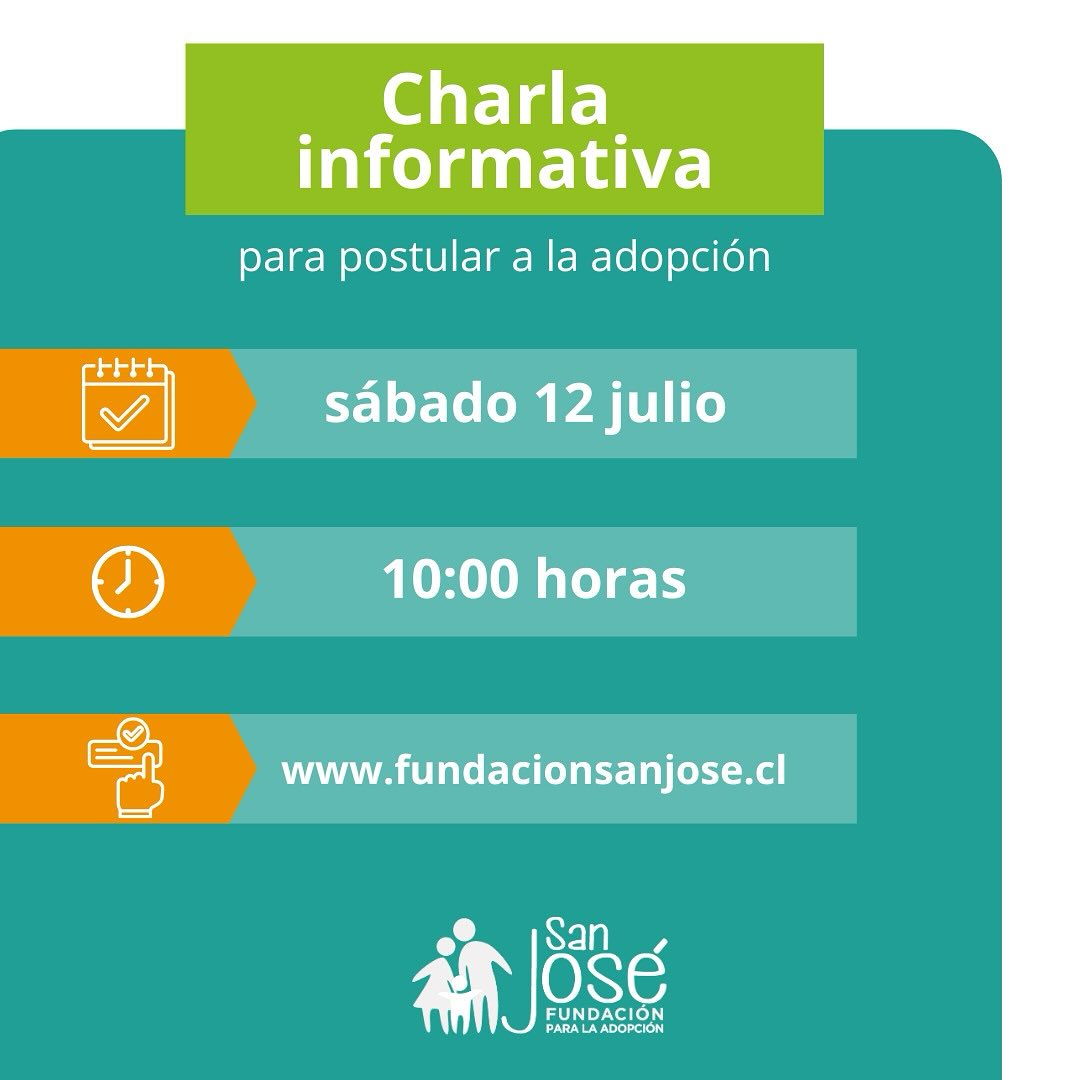🧡 ¿Estás pensando en adoptar?
🟠 Recordatorio:
Te invitamos a nuestra próxima charla informativa presencial, donde podrás conocer en profundidad el proceso de adopción en nuestra institución, también el contexto país así como resolver tus dudas junto a un equipo especializado de Fundación San José para la Adopción.
📅 Sábado 12 de julio
📍 Modalidad: Presencial
🕘 Requisito para iniciar el proceso
Inscríbete en nuestro sitio web.
👉 www.fundacionsanjose.cl
