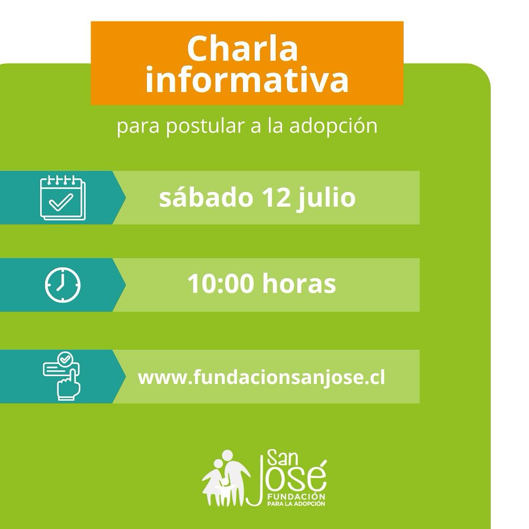 ¿Has pensado en formar familia mediante la adopción?
Este sábado te invitamos a participar en nuestra charla informativa en formato presencial: un espacio donde podrás resolver tus dudas y conocer el proceso.
Para asistir, es necesario realizar una inscripción previa en la pestaña Cómo adoptar de nuestro sitio web.
Si tienes dudas o requieres información adicional, escríbenos a contacto@fundacionsanjose.cl.
📅 Sábado 12 de julio
🕘 10:00 horas